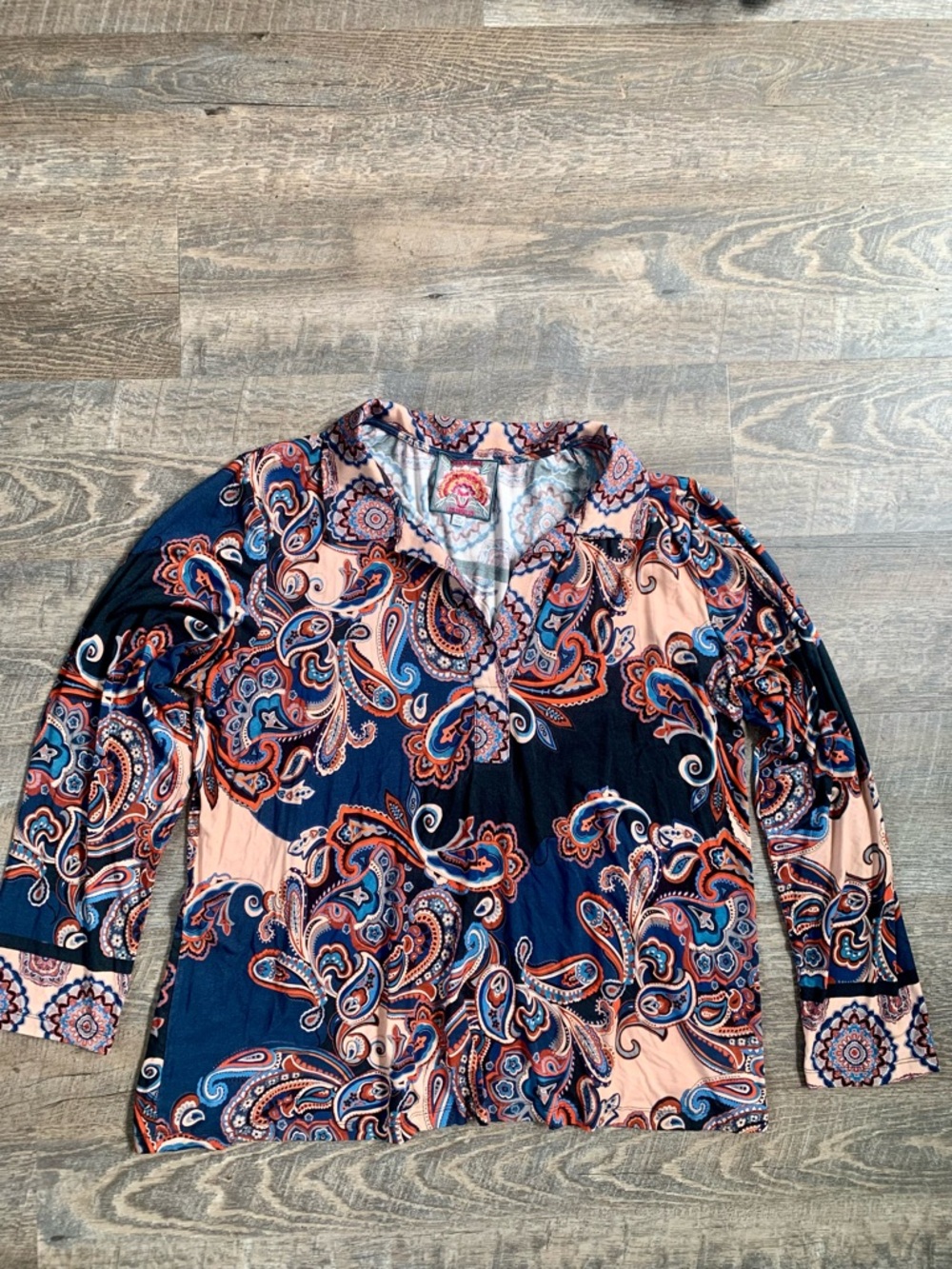 Johnny Was Paisley V-Neck Blouse in Navy and Peach